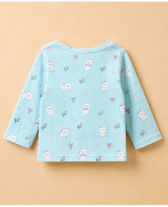 Babyhug Cotton Interlock Knit Full Sleeves Co-ord T-Shirt & Pajama Night Suit with Floral Kitten Print - Light Blue