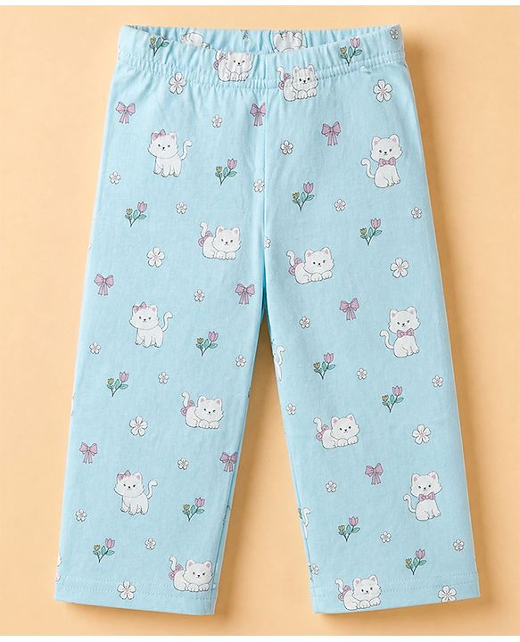 Babyhug Cotton Interlock Knit Full Sleeves Co-ord T-Shirt & Pajama Night Suit with Floral Kitten Print - Light Blue