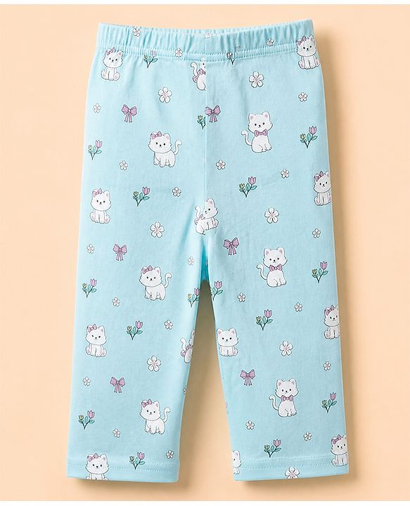Babyhug Cotton Interlock Knit Full Sleeves Co-ord T-Shirt & Pajama Night Suit with Floral Kitten Print - Light Blue