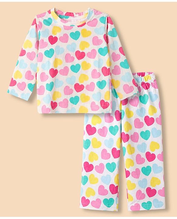 Babyhug Cotton Interlock Knit Full Sleeves Co-ord T-Shirt & Pajama Night Suit with Hearts Print - White