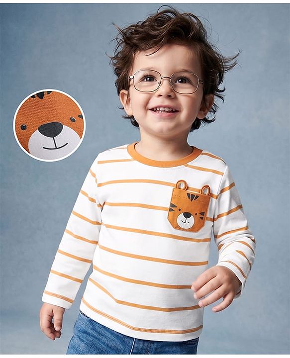 Babyhug 100% Cotton Knit Full Sleeves Striped T-Shirt with Zebra Applique - White