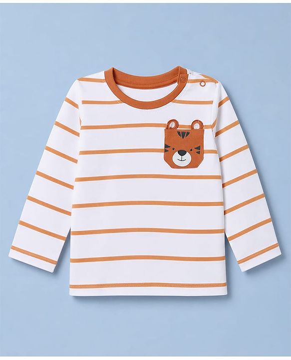 Babyhug 100% Cotton Knit Full Sleeves Striped T-Shirt with Zebra Applique - White