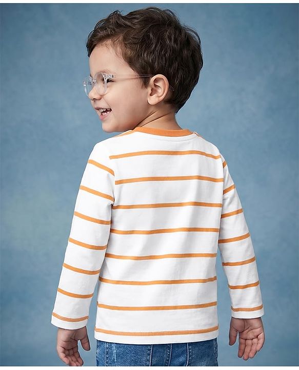 Babyhug 100% Cotton Knit Full Sleeves Striped T-Shirt with Zebra Applique - White