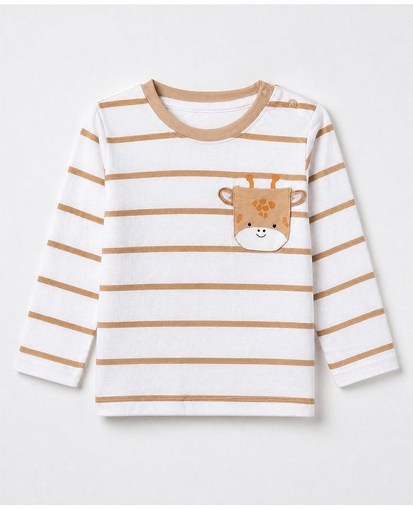 Babyhug 100% Cotton Knit T-Shirts with Full Sleeves Stripes and Giraffe Applique - White