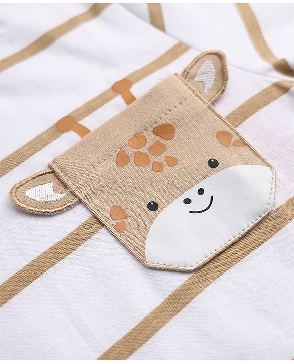Babyhug 100% Cotton Knit T-Shirts with Full Sleeves Stripes and Giraffe Applique - White
