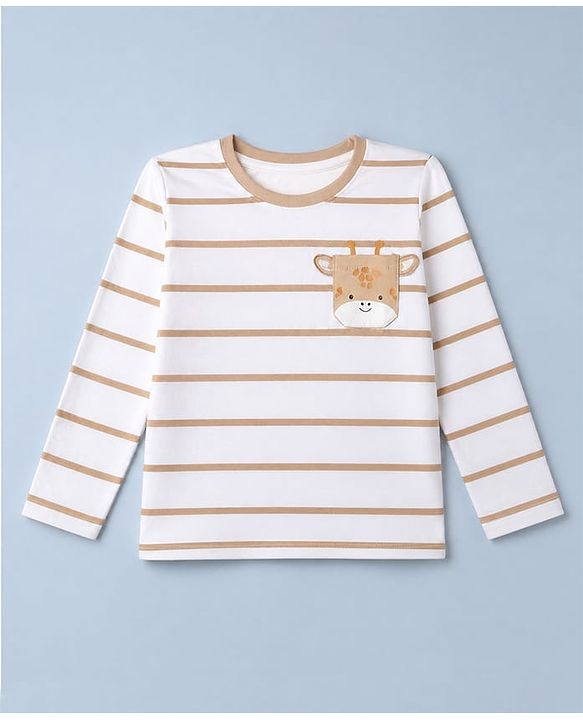 Babyhug 100% Cotton Knit T-Shirts with Full Sleeves Stripes and Giraffe Applique - White
