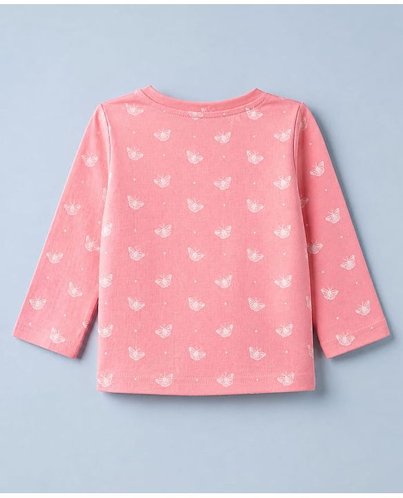 Babyhug Cotton Interlock Knit Full Sleeves Co-ord T-Shirt & Pajama Night Suit with Butterfly Print - Pink
