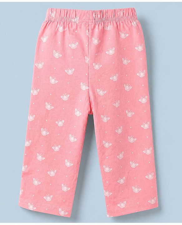 Babyhug Cotton Interlock Knit Full Sleeves Co-ord T-Shirt & Pajama Night Suit with Butterfly Print - Pink