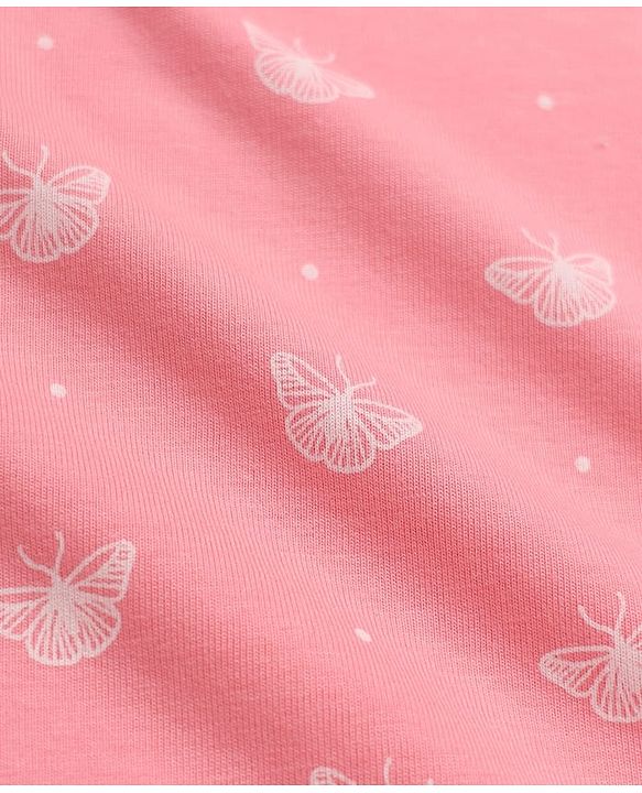 Babyhug Cotton Interlock Knit Full Sleeves Co-ord T-Shirt & Pajama Night Suit with Butterfly Print - Pink