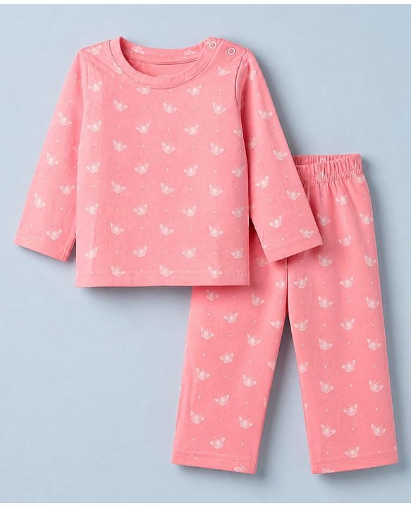 Babyhug Cotton Interlock Knit Full Sleeves Co-ord T-Shirt & Pajama Night Suit with Butterfly Print - Pink