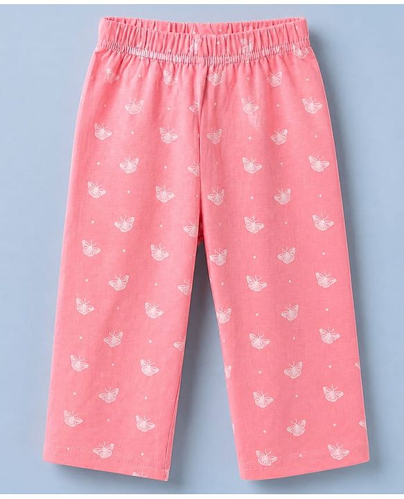 Babyhug Cotton Interlock Knit Full Sleeves Co-ord T-Shirt & Pajama Night Suit with Butterfly Print - Pink