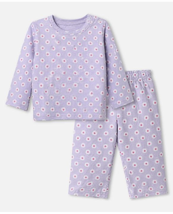 Babyhug Cotton Knit Full Sleeves Co-ord T-Shirt & Pajama Night Suit with Floral Print - Lavender