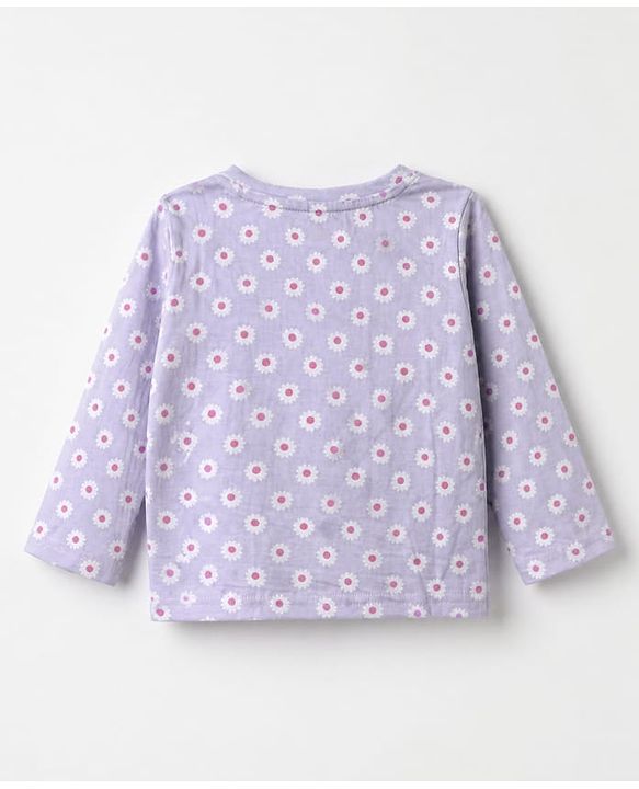 Babyhug Cotton Knit Full Sleeves Co-ord T-Shirt & Pajama Night Suit with Floral Print - Lavender