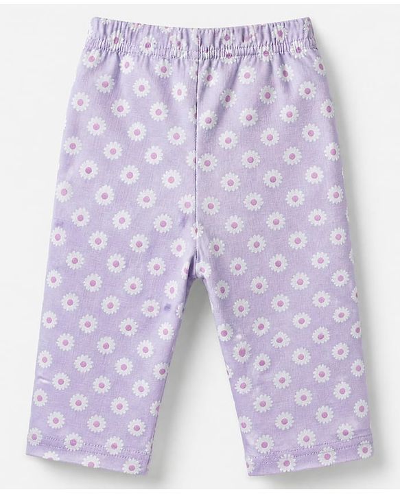 Babyhug Cotton Knit Full Sleeves Co-ord T-Shirt & Pajama Night Suit with Floral Print - Lavender