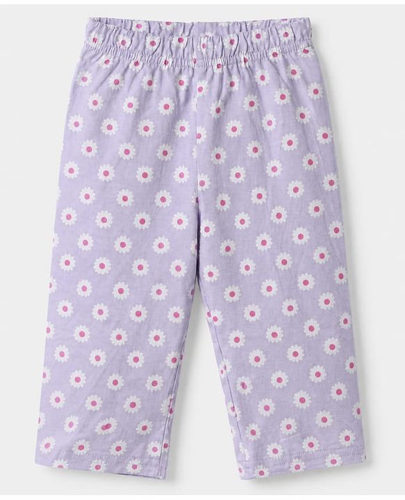 Babyhug Cotton Knit Full Sleeves Co-ord T-Shirt & Pajama Night Suit with Floral Print - Lavender