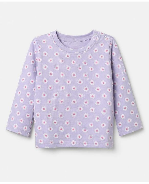 Babyhug Cotton Knit Full Sleeves Co-ord T-Shirt & Pajama Night Suit with Floral Print - Lavender