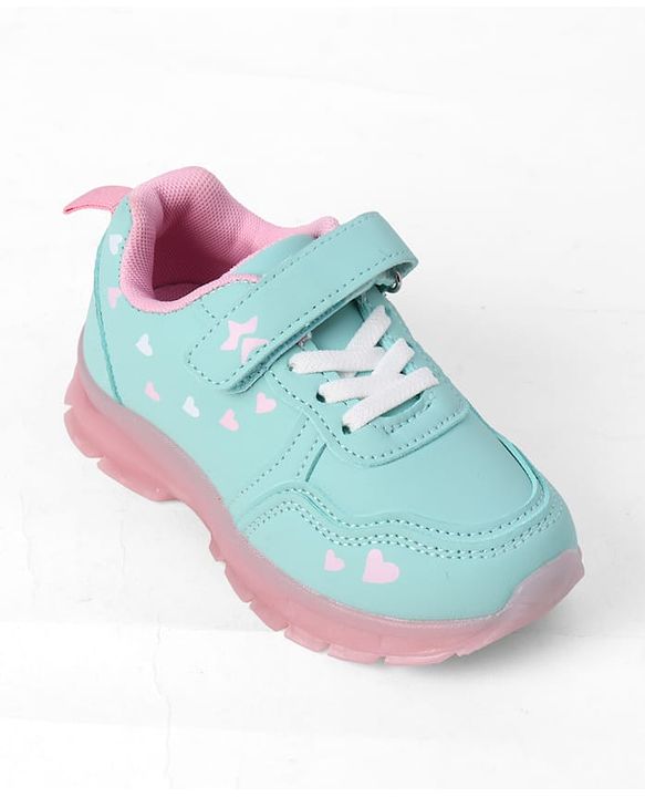 Cute Walk By Babyhug Velcro Closure Sneaker Shoes With Heart Print - Light Blue