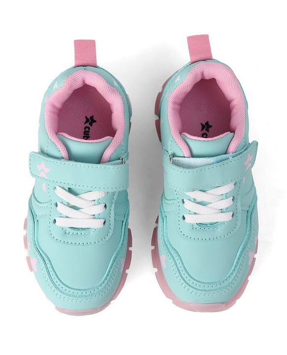 Cute Walk By Babyhug Velcro Closure Sneaker Shoes With Heart Print - Light Blue