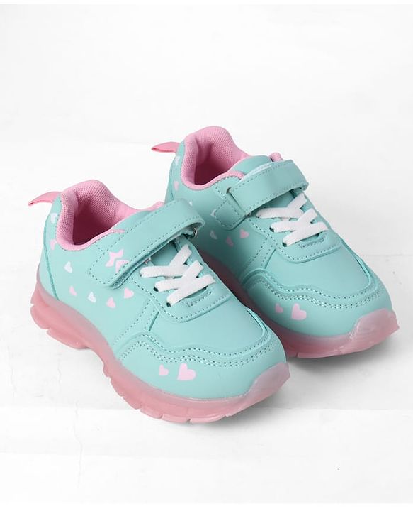 Cute Walk By Babyhug Velcro Closure Sneaker Shoes With Heart Print - Light Blue