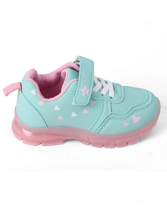 Cute Walk By Babyhug Velcro Closure Sneaker Shoes With Heart Print - Light Blue