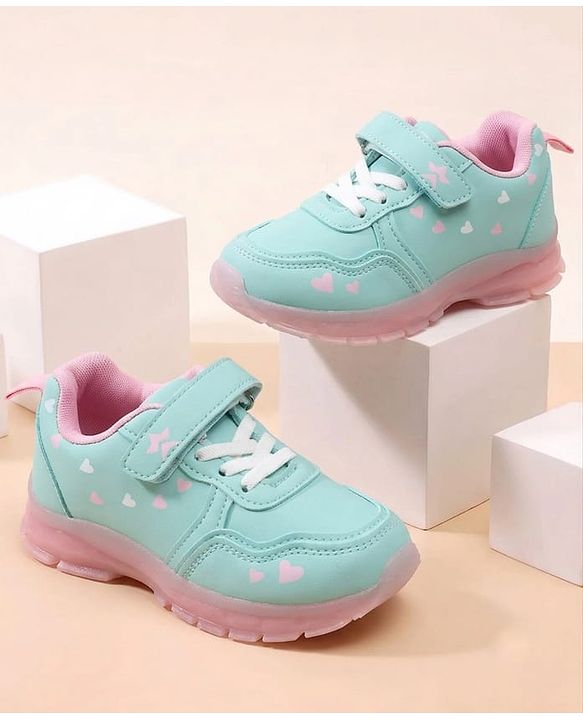 Cute Walk By Babyhug Velcro Closure Sneaker Shoes With Heart Print - Light Blue