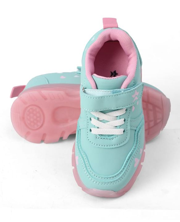 Cute Walk By Babyhug Velcro Closure Sneaker Shoes With Heart Print - Light Blue