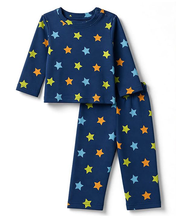 Babyhug 100% Cotton Interlock Knit Full Sleeves Co-Ords T-Shirt & Pyjama Night Suit with Star Print - Navy Blue