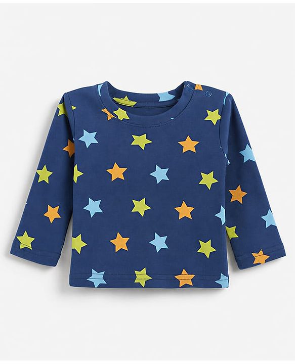 Babyhug 100% Cotton Interlock Knit Full Sleeves Co-Ords T-Shirt & Pyjama Night Suit with Star Print - Navy Blue