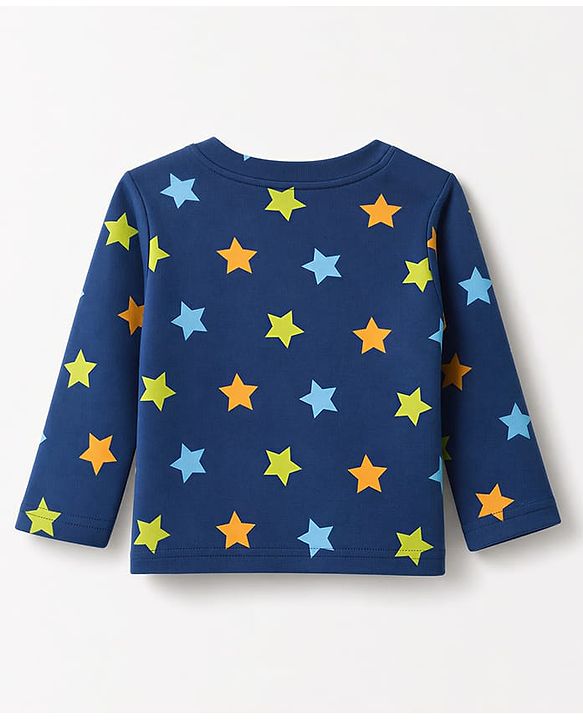 Babyhug 100% Cotton Interlock Knit Full Sleeves Co-Ords T-Shirt & Pyjama Night Suit with Star Print - Navy Blue
