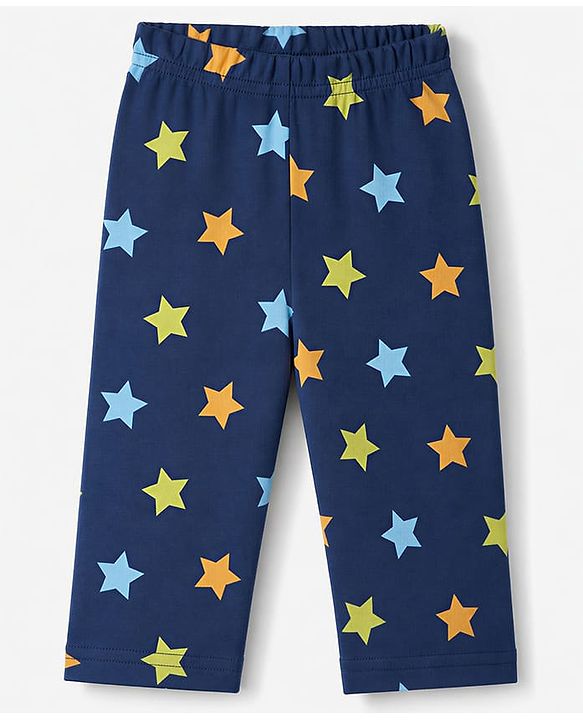 Babyhug 100% Cotton Interlock Knit Full Sleeves Co-Ords T-Shirt & Pyjama Night Suit with Star Print - Navy Blue