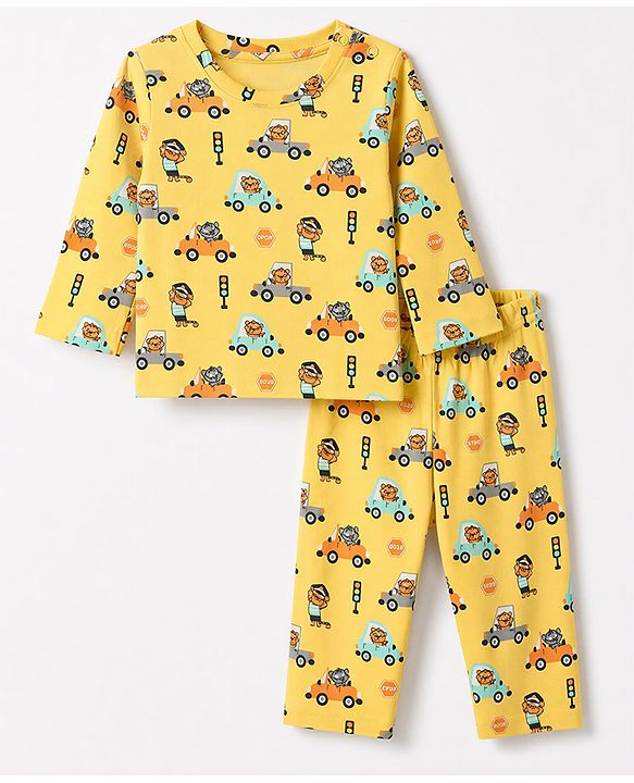 Babyhug 100% Cotton Knit Full Sleeves Co-Ords T-Shirt & Pyjama Night Suit with Animal & Car Print - Yellow