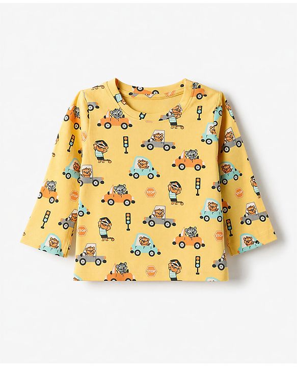 Babyhug 100% Cotton Knit Full Sleeves Co-Ords T-Shirt & Pyjama Night Suit with Animal & Car Print - Yellow