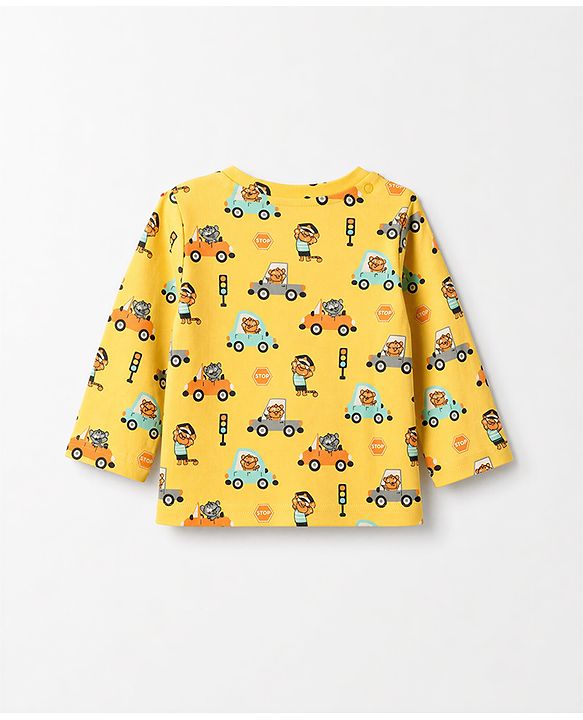 Babyhug 100% Cotton Knit Full Sleeves Co-Ords T-Shirt & Pyjama Night Suit with Animal & Car Print - Yellow