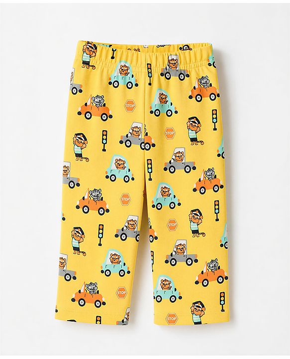 Babyhug 100% Cotton Knit Full Sleeves Co-Ords T-Shirt & Pyjama Night Suit with Animal & Car Print - Yellow