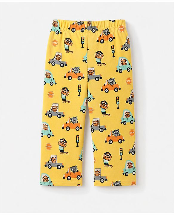 Babyhug 100% Cotton Knit Full Sleeves Co-Ords T-Shirt & Pyjama Night Suit with Animal & Car Print - Yellow