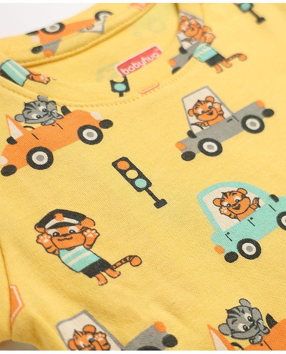 Babyhug 100% Cotton Knit Full Sleeves Co-Ords T-Shirt & Pyjama Night Suit with Animal & Car Print - Yellow