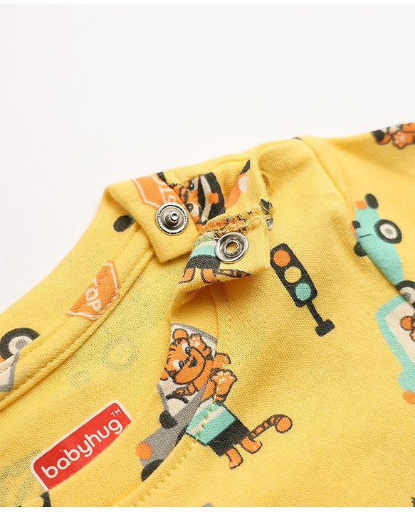 Babyhug 100% Cotton Knit Full Sleeves Co-Ords T-Shirt & Pyjama Night Suit with Animal & Car Print - Yellow