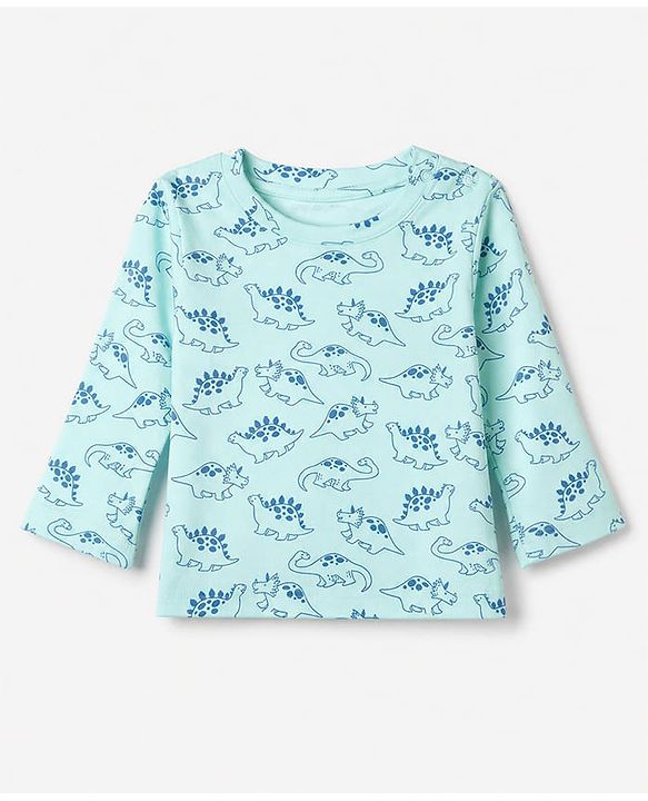 Babyhug 100% Cotton Interlock Knit Full Sleeves Co-Ords T-Shirt & Pyjama Night Suit with Dinosaur Print - Sky Blue
