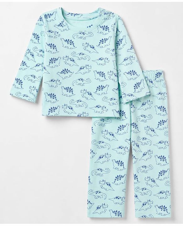 Babyhug 100% Cotton Interlock Knit Full Sleeves Co-Ords T-Shirt & Pyjama Night Suit with Dinosaur Print - Sky Blue