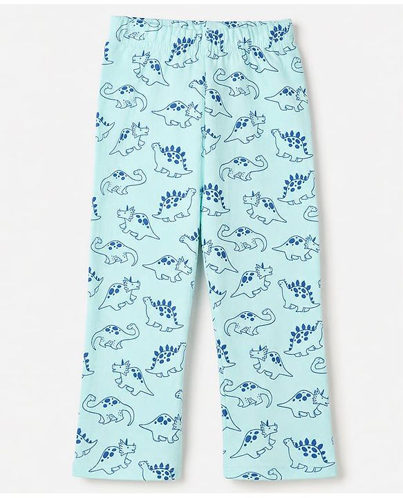 Babyhug 100% Cotton Interlock Knit Full Sleeves Co-Ords T-Shirt & Pyjama Night Suit with Dinosaur Print - Sky Blue