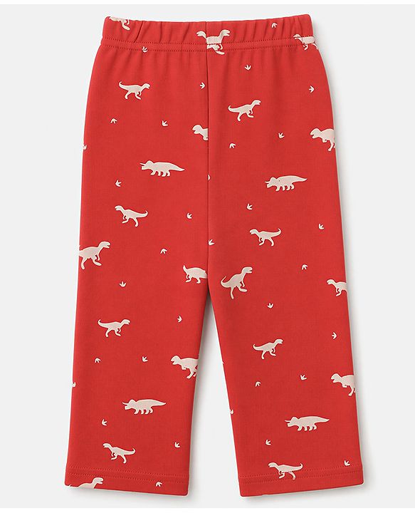 Babyhug 100% Cotton Interlock Knit Full Sleeves C-Ords T-Shirt & Pyjama Night Suit with Dinosaur Print - Red