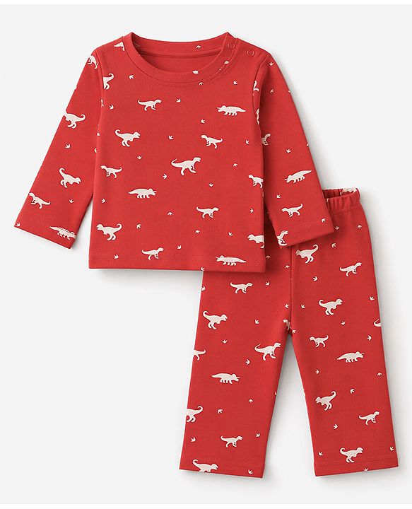 Babyhug 100% Cotton Interlock Knit Full Sleeves C-Ords T-Shirt & Pyjama Night Suit with Dinosaur Print - Red
