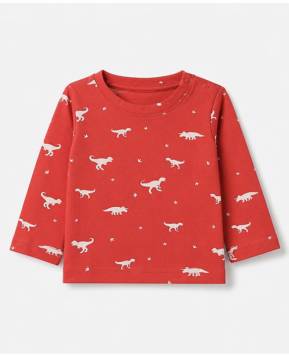 Babyhug 100% Cotton Interlock Knit Full Sleeves C-Ords T-Shirt & Pyjama Night Suit with Dinosaur Print - Red
