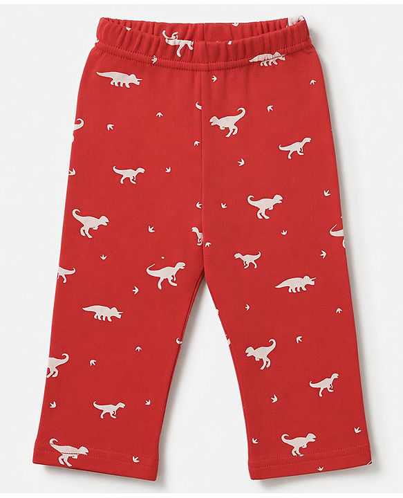 Babyhug 100% Cotton Interlock Knit Full Sleeves C-Ords T-Shirt & Pyjama Night Suit with Dinosaur Print - Red