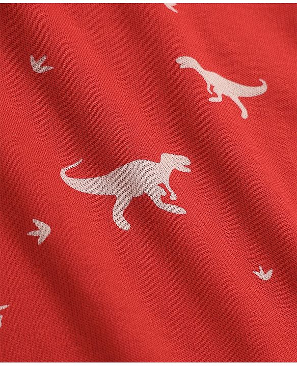Babyhug 100% Cotton Interlock Knit Full Sleeves C-Ords T-Shirt & Pyjama Night Suit with Dinosaur Print - Red