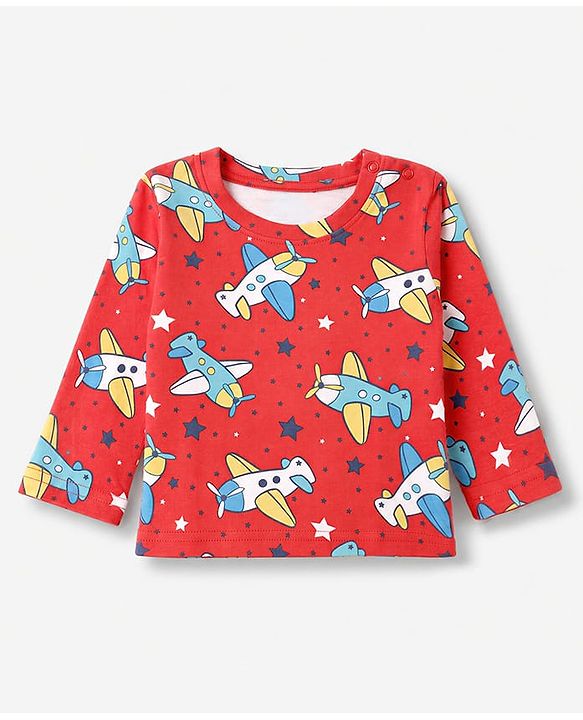 Babyhug 100% Cotton Interlock Knit Full Sleeves Co-Ords T-Shirt & Pyjama Night Suit with Airplane & Star Print - Red