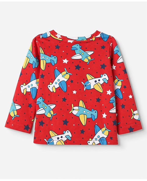 Babyhug 100% Cotton Interlock Knit Full Sleeves Co-Ords T-Shirt & Pyjama Night Suit with Airplane & Star Print - Red