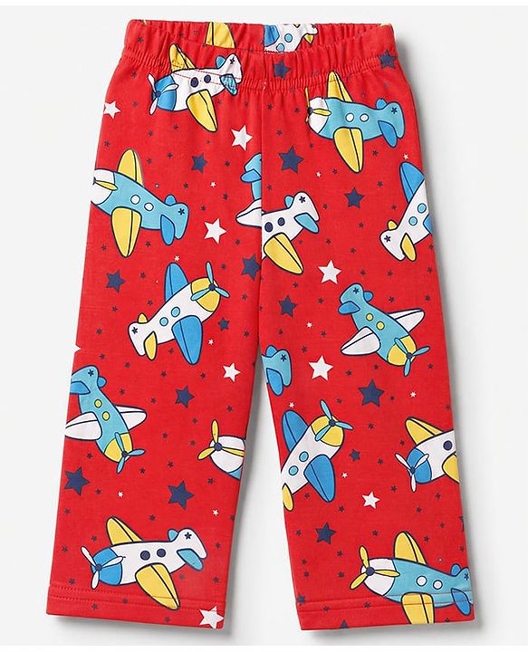 Babyhug 100% Cotton Interlock Knit Full Sleeves Co-Ords T-Shirt & Pyjama Night Suit with Airplane & Star Print - Red