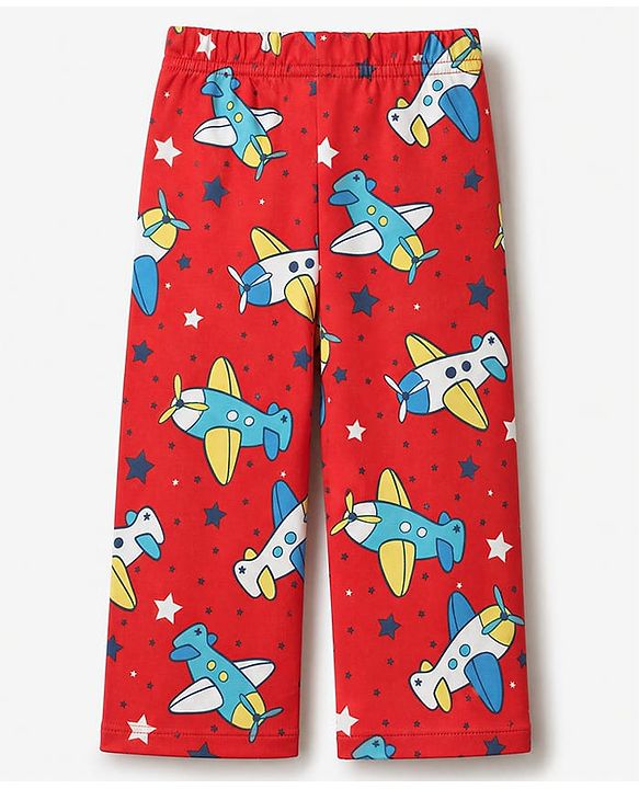Babyhug 100% Cotton Interlock Knit Full Sleeves Co-Ords T-Shirt & Pyjama Night Suit with Airplane & Star Print - Red