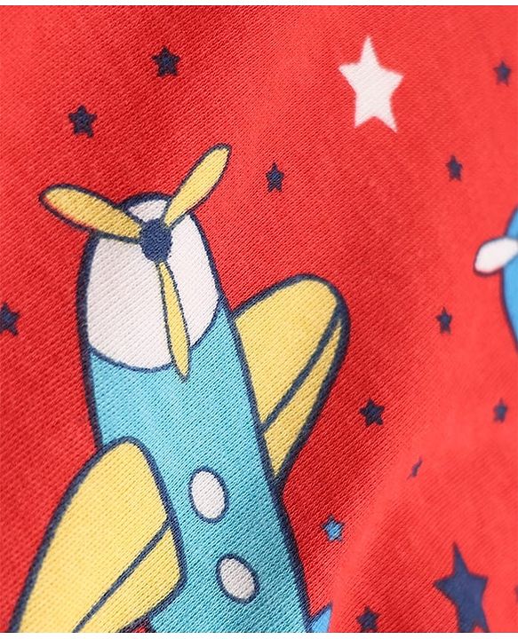 Babyhug 100% Cotton Interlock Knit Full Sleeves Co-Ords T-Shirt & Pyjama Night Suit with Airplane & Star Print - Red